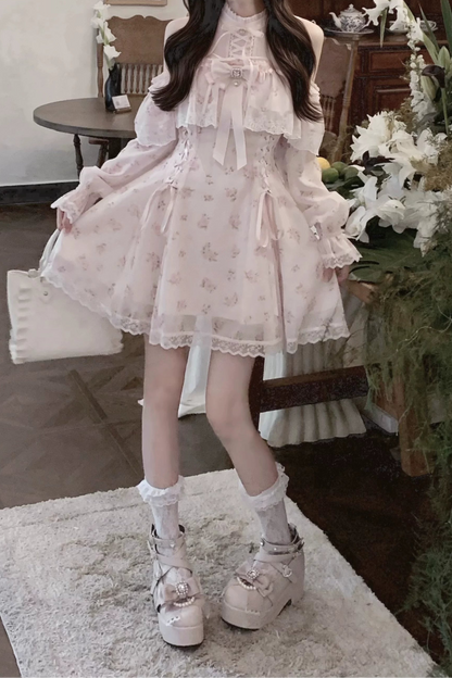 【8月30日予約締切】Pink floral chiffon lace jewel ribbon open shoulder long sleeve dress (short length/long length)