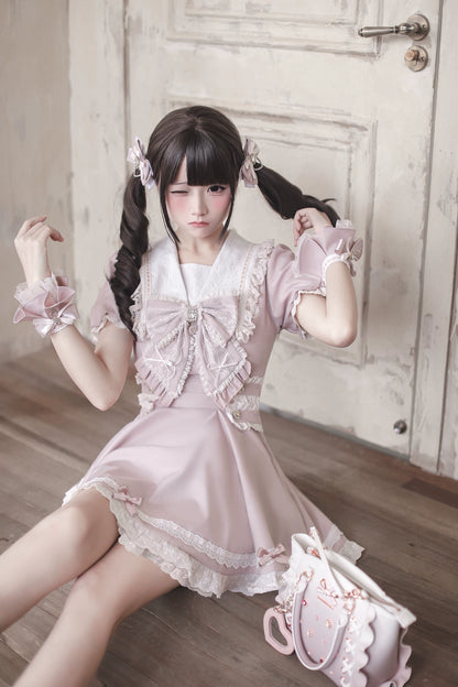 [Pre-order Deadline: April 15] Sailor Collar Pink Lace Jewel Ribbon Dress + Accessories
