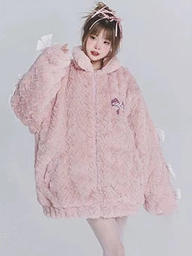 Design ribbon loose furry lamb's wool coat