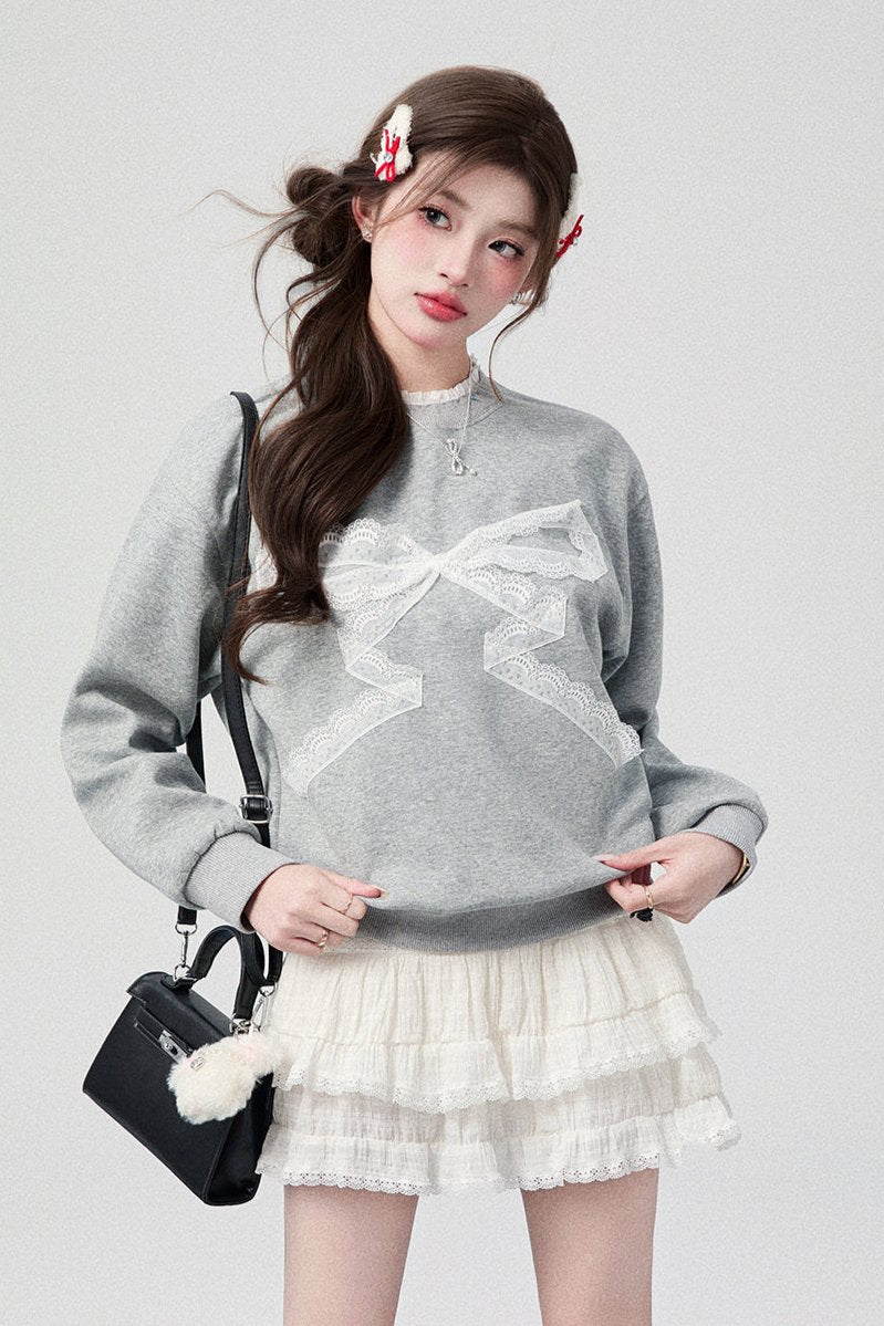 Original Bow Knit Sweatshirt+ White Skirt