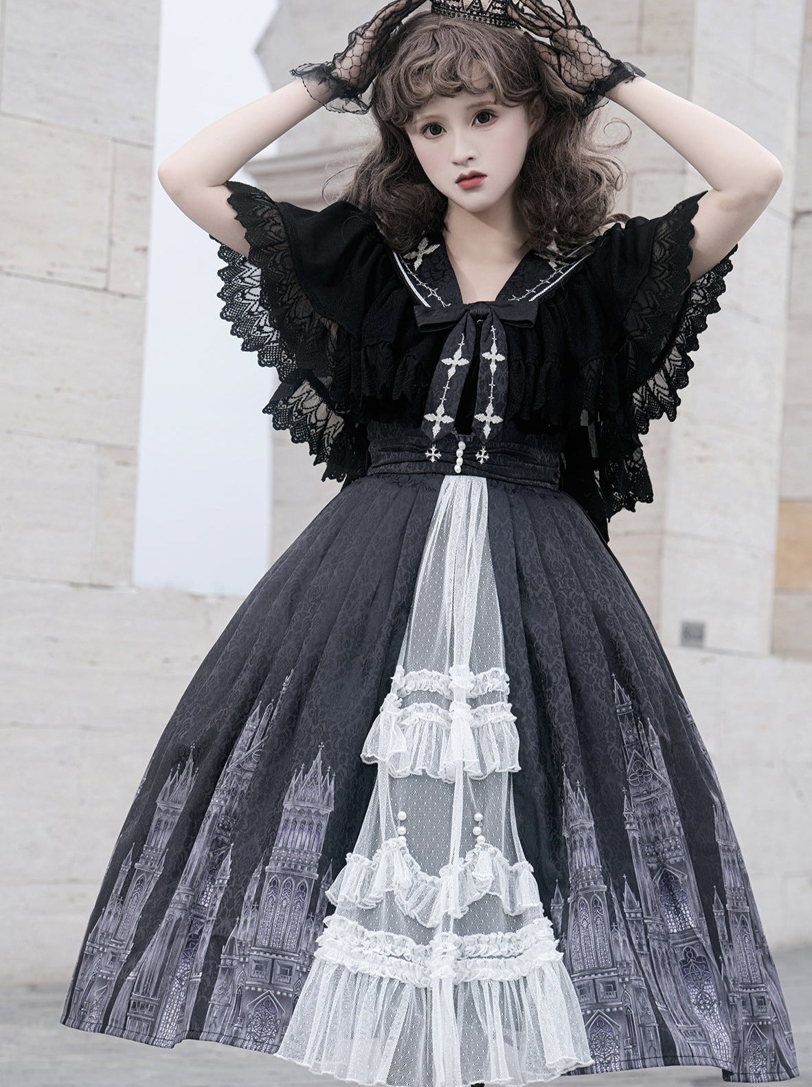 Elegant Gothic Suspender Skirt + Shawl