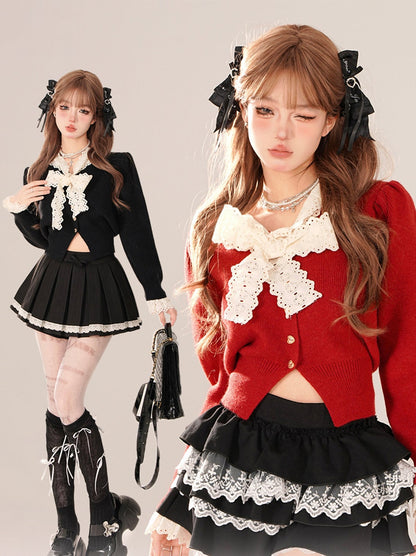 Lace Ribbon V Color Short Knit Cardigan Top