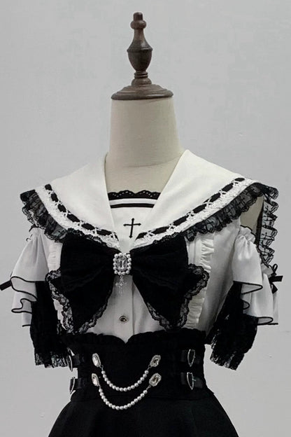 [Pre-order Deadline: August 30] Black and White Lace Sailor Gothic Open-Shoulder Short-Sleeve Ribbon Shirt + Pearl Chain Frill Skirt
