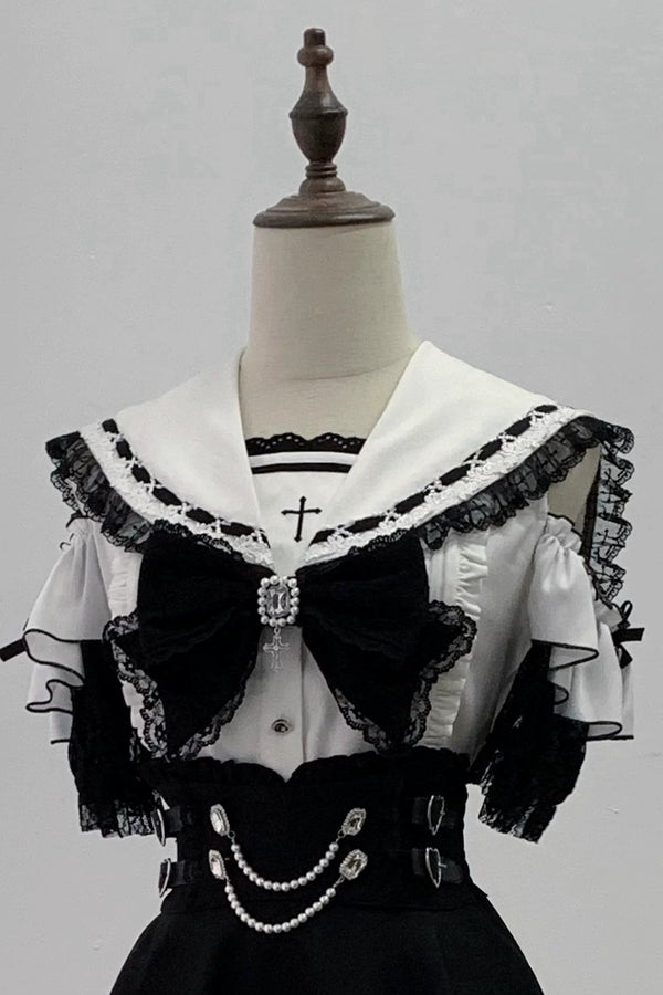 [Pre-order Deadline: August 30] Black and White Lace Sailor Gothic Open-Shoulder Short-Sleeve Ribbon Shirt + Pearl Chain Frill Skirt