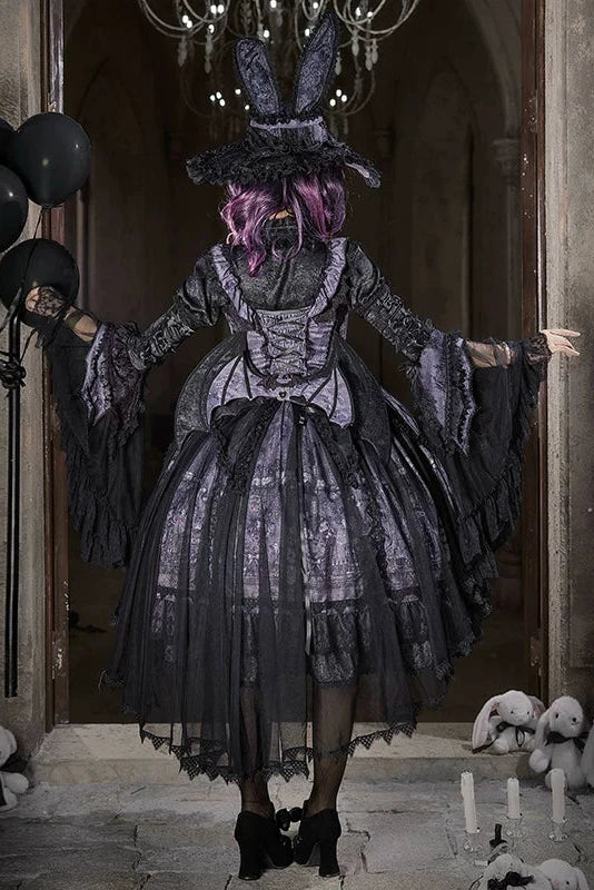 【10月30日予約締切】Purple And Black Gothic Lolita Dress Complete Set [Bunny Ear Hat Version/Witch Hat Version] (Witch Print Bustier Dress + Black Short-Sleeved Blouse + Bat Wing Back Train + Detachable Princess Sleeves)