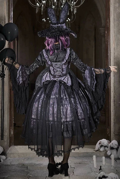 【10月30日予約締切】Purple And Black Gothic Lolita Dress Complete Set [Bunny Ear Hat Version/Witch Hat Version] (Witch Print Bustier Dress + Black Short-Sleeved Blouse + Bat Wing Back Train + Detachable Princess Sleeves)