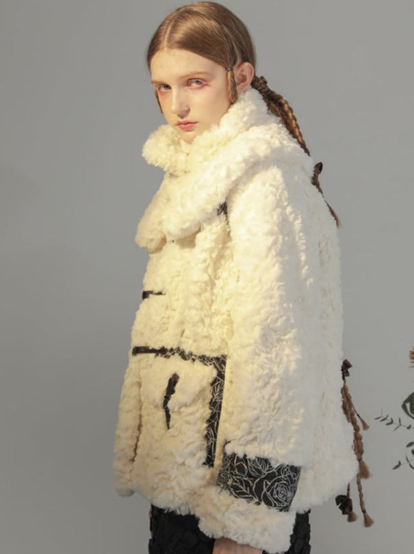 High Neck Color Jacquard Seam Fur Coat