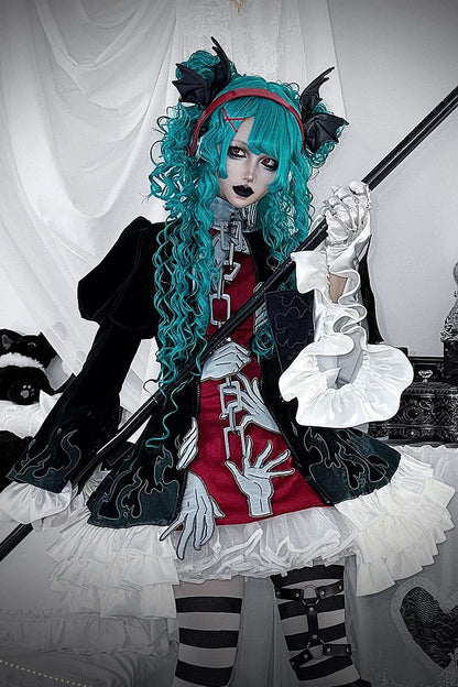 [Pre-order] Dark Green x Red Gothic Prince Velvet Flame 3D Chain Detail Ruffle Lolita Dress