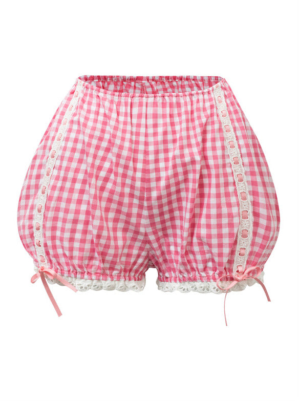 Peach Pink Grid Sweet Sous Vide Chest Top Skirt Pants Dress Set Up