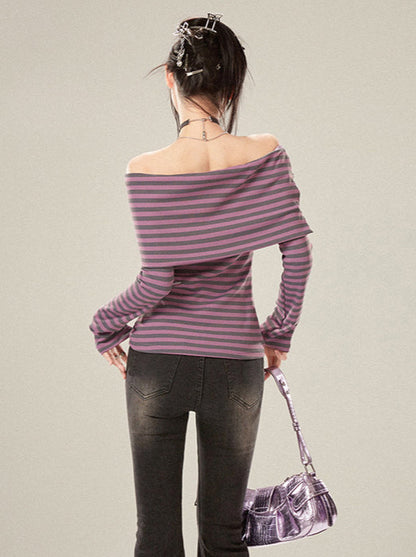 Purple Stripe Off-the-shoulder Long T