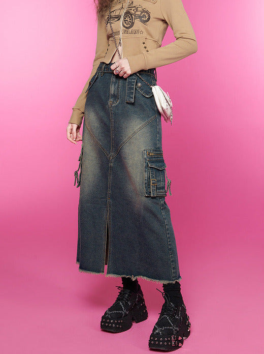 Front slit long denim skirt