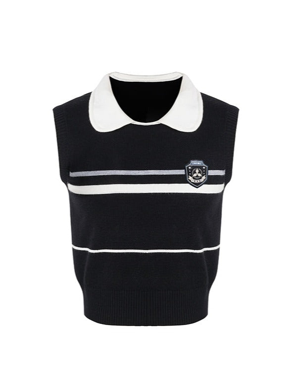 College polo sleeveless top + polo sweater + pleated skirt