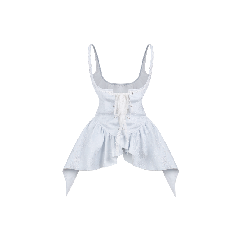 Vestido blanco con lazo + Chaleco jacquard azul + Pantalones cortos blancos