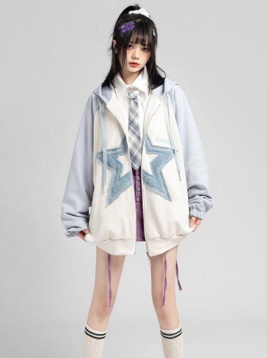 Bicolour star zip-up hooded parka