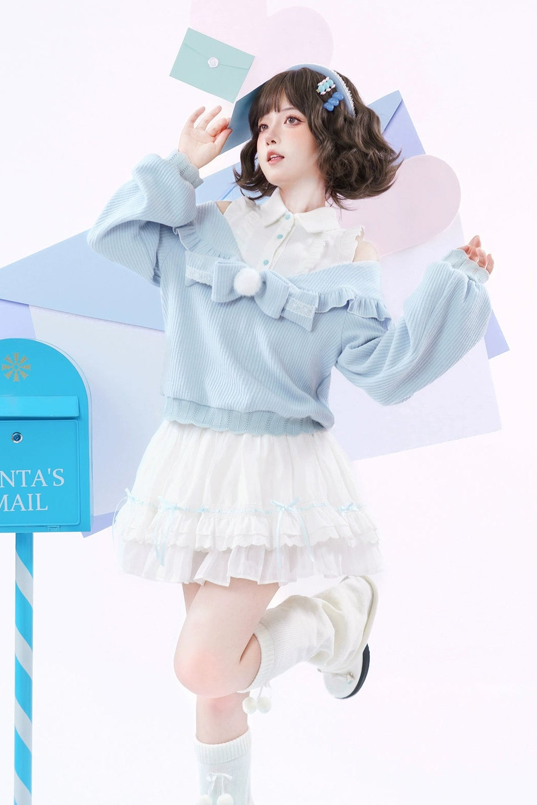 キュートオフショルダーセーター+スカート