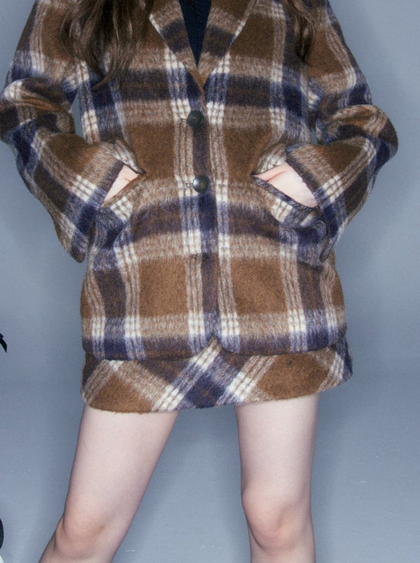 Caramel Check Bag Ribbon Jacket + Tight Skirt