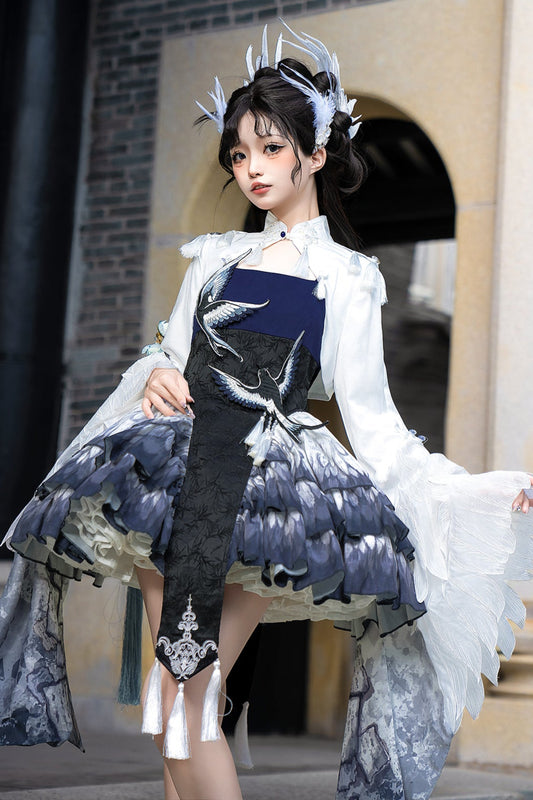 [Reservations] China Detail Blue Feather Bird Lolita Dress + Short Top