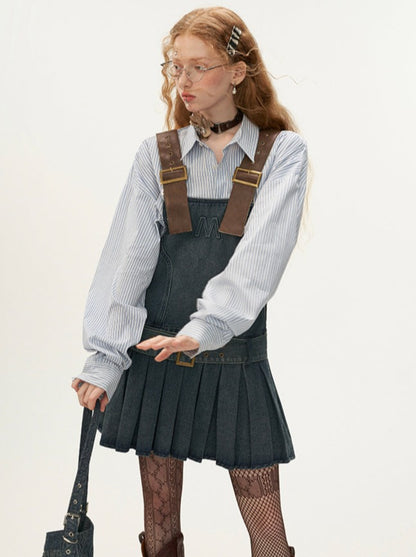 Leather Belted Logo Denim Pleated Suspender Skirt