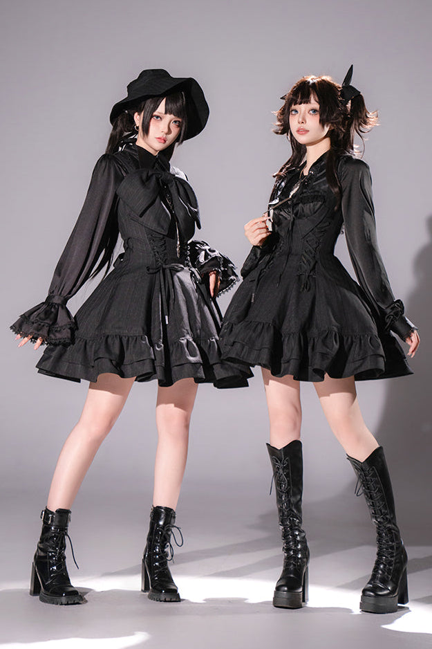 【12月29日予約締切】ゴシックロリータダークカラーストライプバッククロスフリルサスドレス