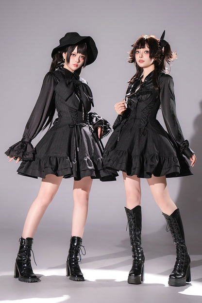 【12月29日予約締切】ゴシックロリータダークカラーストライプバッククロスフリルサスドレス