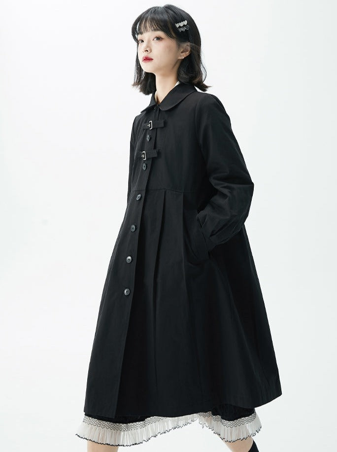 Tailored College Style Black Loose Pleated Doll Coat