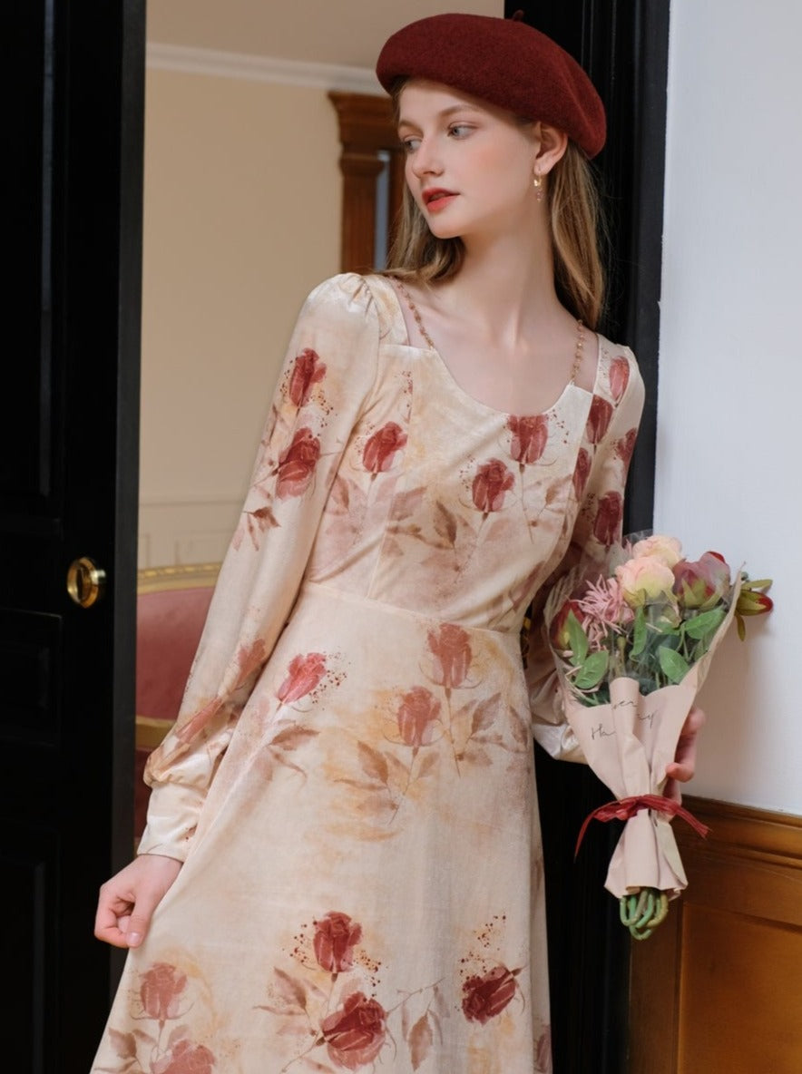 French Retro Rose Print Velvet Dress