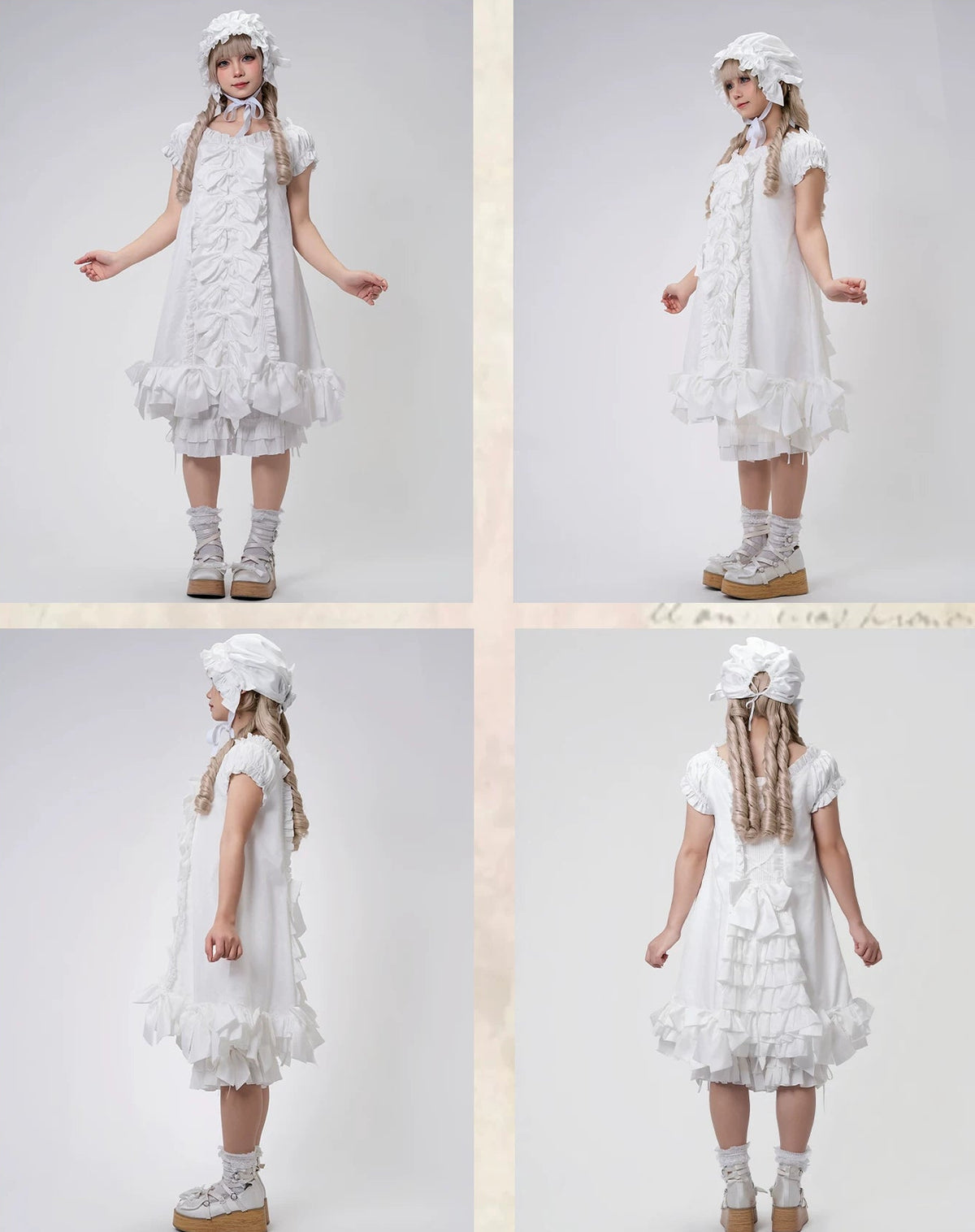 [November 15 Reservation Deadline] White Doll Style Front & Back Two-Way Ruffle Ribbon Lolita Dress (Short/Long) + Matching Shorts (Short/Long) + BB Hat