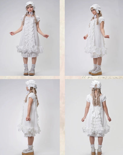 [November 15 Reservation Deadline] White Doll Style Front & Back Two-Way Ruffle Ribbon Lolita Dress (Short/Long) + Matching Shorts (Short/Long) + BB Hat