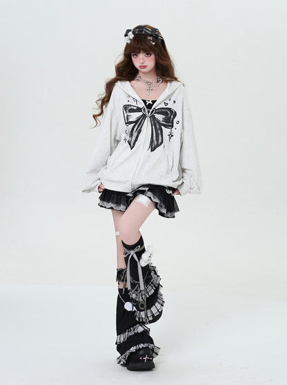 Dark Ribbon Design Loose Hooded Zip Hoodie