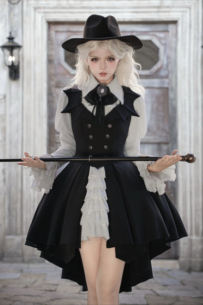 [Pre-order Deadline: October 29] Gothic Vampire Butler White Lace Flare Sleeve Shirt + Bat Collar Ruffle High-Low Lolita JSK Dress Set + Jewel Bow Tie