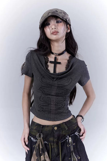 ダークスリムレースクロストップス