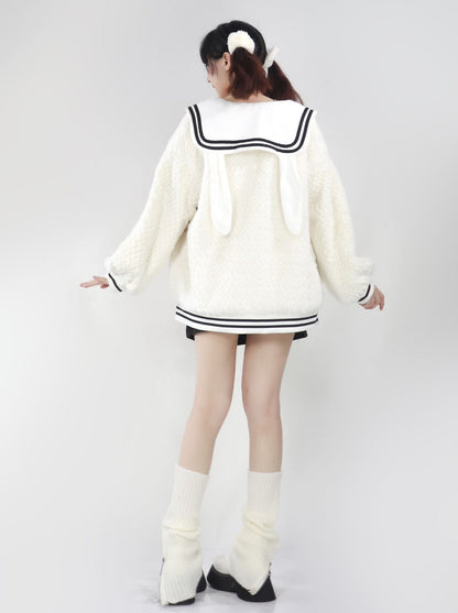 Bunny ears hoodie & sailor faux fur coat + off the shoulder sheep print top + skirt