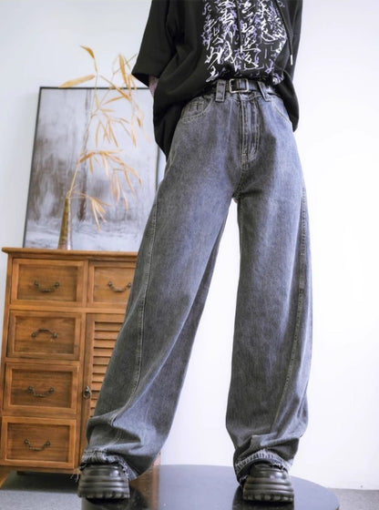 Retro gray wide leg loose straight slim jeans