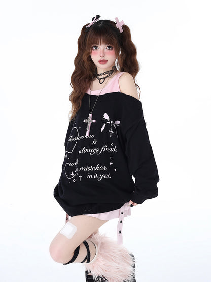 [2.10 limited time 95% off] white peach bubble original girl lazy feeling fake two off-the-shoulder torn sweet and cool sweaters