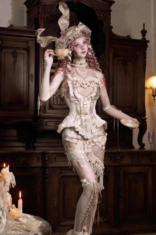 ラブフィッシュボーンコルセットロココフレンチチュニックトリムトップス＋スリーブ＋スリムリボン＋レッグカバー＋チョーカー