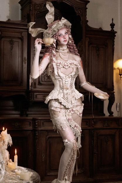 ラブフィッシュボーンコルセットロココフレンチチュニックトリムトップス＋スリーブ＋スリムリボン＋レッグカバー＋チョーカー