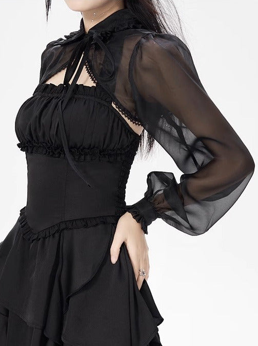 Sheer Lantern Sleeve Black Chiffon Short Jacket