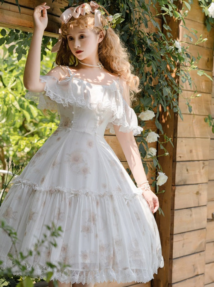 ピュアホワイトフラワーシフォンロリータサマードレス