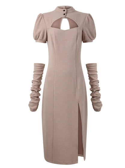 Stand Neck Slit Sweet Dress + Leg Warmers