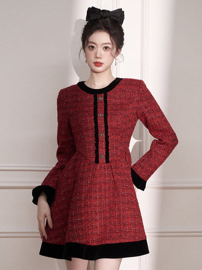 Tweed Red French Waistband Dress