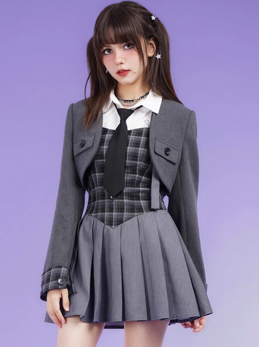 College Style Gray Grid Dress Jacket Two Piece Suit