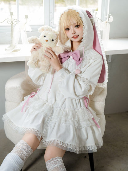 [Reservations] Frilled Long Bunny Ears Big Bow Hooded Girly Dress