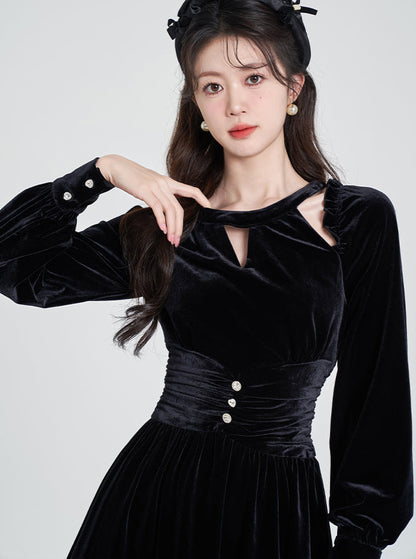 Off-Shoulder Halter Neck Black High End Velvet Dress