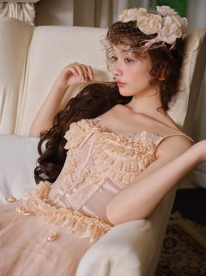 Peach Fairy French Retro Sweet Lace Camisole With Skirt