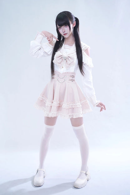 【8月15日予約締切】ピンク×ホワイトレースセーラーゴシックオープンショルダーリボンシャツ＋パールチェーンフリルスカート
