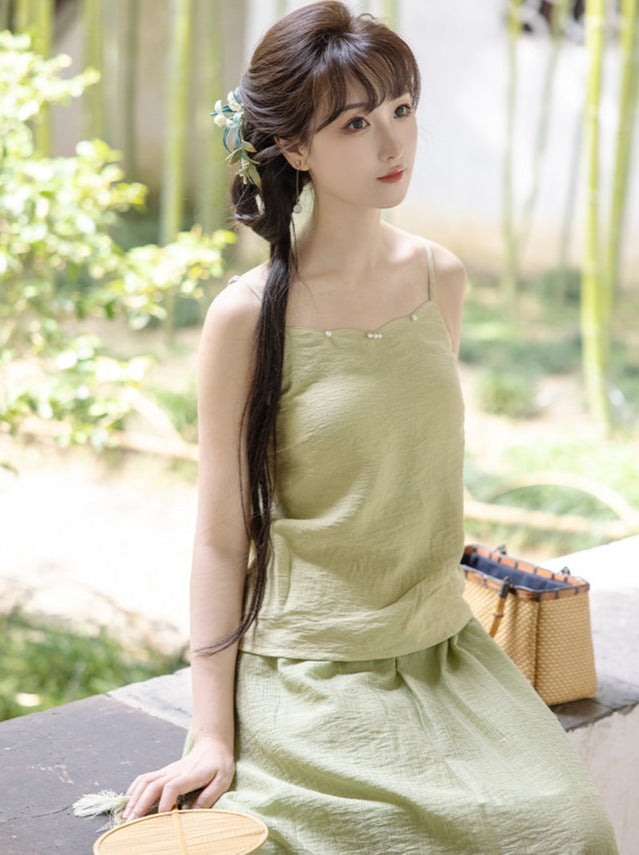 Summer Green Retro China Top + Inner Camisole + Long Skirt
