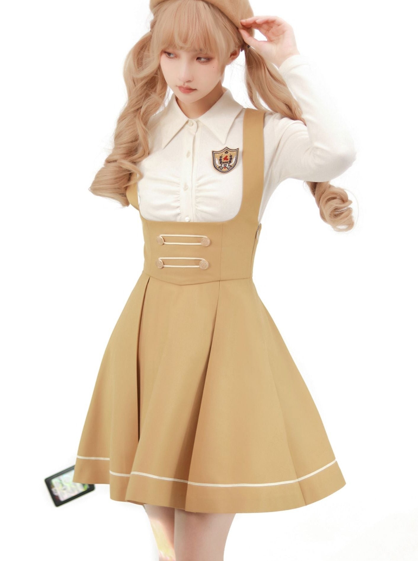 College Suspender Skirt + Blouse + Badge