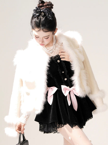 Sweet Tea Snow Fox Fur Apricot Tweed Jacket [Reserved Item].