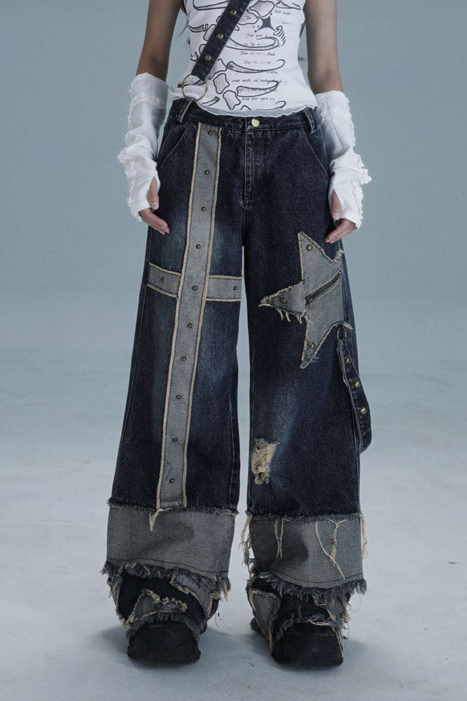 ローライズワイドレッグウォッシュデニムパンツ