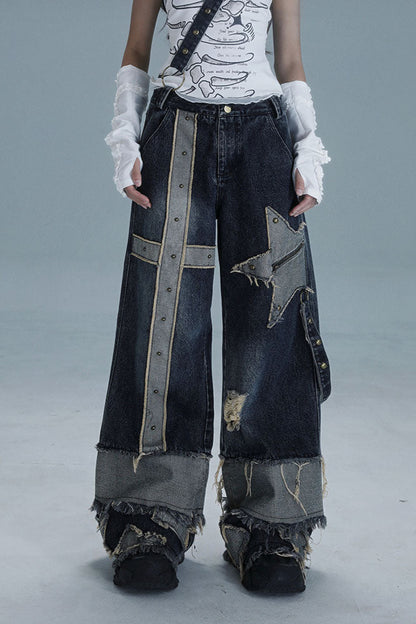 ローライズワイドレッグウォッシュデニムパンツ